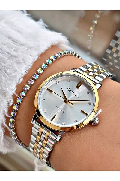Ferrucci Gold Color Plain Model Classic Steel Band Women's Wrist Watch + Bracelet