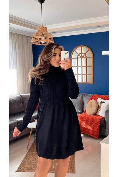 İpeksi Women's Long Sleeve Turtleneck Waistline Short Knitwear Dress with Gathered Waistline