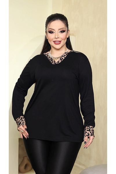 HÜLYA BUTİK Women's Plus Size Black Leopard Print Garnished V-Neck Blouse