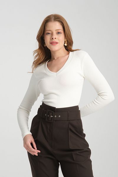Lisirru Women's Black and White V Neck Long Sleeve Basic Knitted Blouse