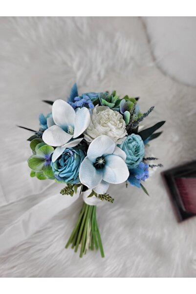 Buketlife mavi beyaz manolyalı gelin çiçeği gelin buketi yaka çiçeği