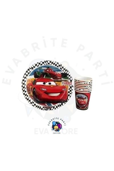Evabrite Cars Cars Themed Cardboard Plate and Cup Set of 8 - Birthday Party Set Supplies