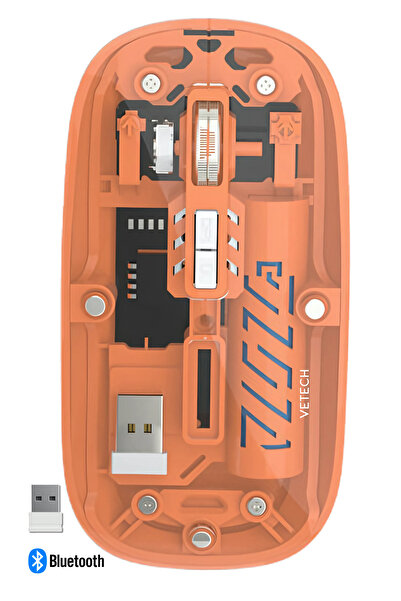 Vetech Şarjlı Kablosuz Mouse Şeffaf Tasarım Bluetooth + USB Çift Mod Telefon / Tablet / Laptop / PC