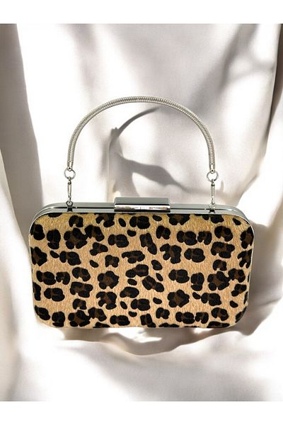 Wedding Fashion Geantă de seară din metal cu pene cu imprimeu leopard - cu mâner și carcasă, pentru seară, nuntă și absolvire