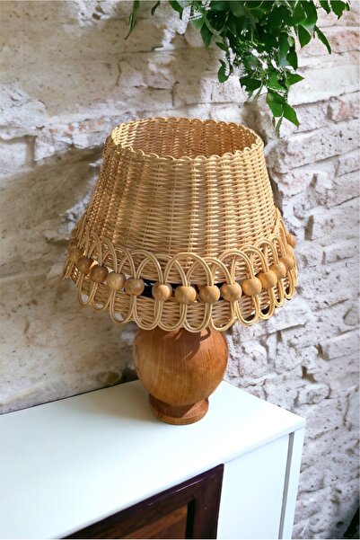 Bohodella Ahşap Gövdeli Doğal Rattan Bambu Hasır Abajur Aydınlatma Bohem Abajur