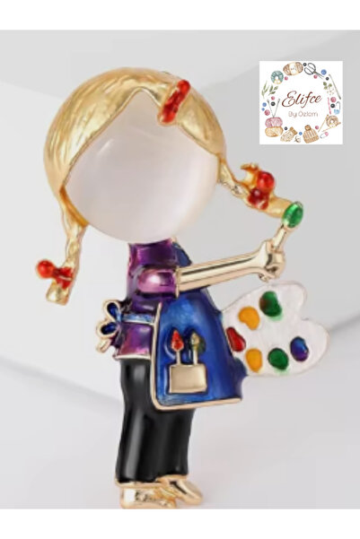 ElifceByÖzlem Ressam temalı Resim Paletli Sevimli Kız Broş Yaka İğnesi
