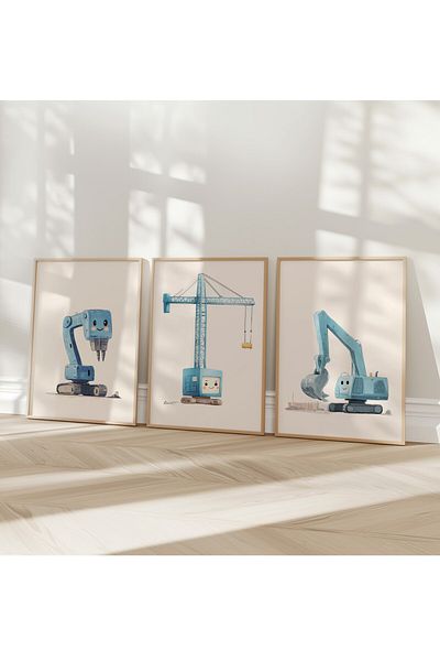 Home Set de 3 mașini drăguțe de afaceri albastre, decor camere băieți, set poster fără cadru