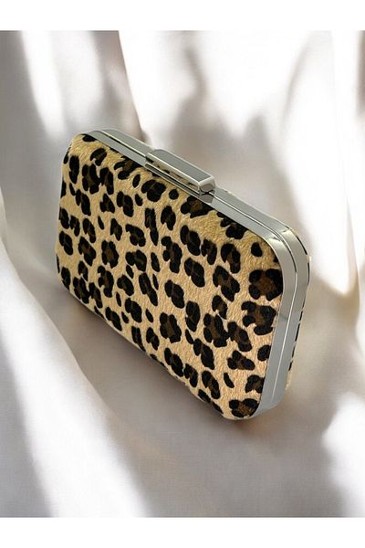 Biçanta Geantă pentru rochie de seară din metal cu pene cu imprimeu leopard - cu carcasă ovală, pentru absolvire de logodnă de noapte și nuntă