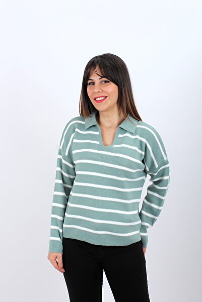 Helena Boutique Γυναικείο πλεκτό πουλόβερ με ριγέ πόλο με λαιμόκοψη