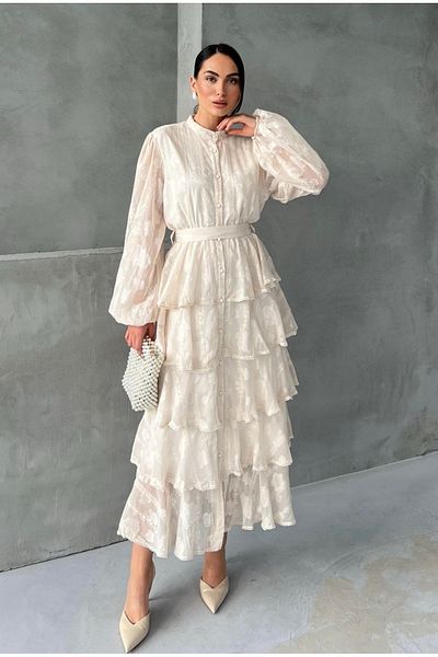 Afiş Butik Ecru Flounce Belted Floral Print Stripe Detailed Layered Dress