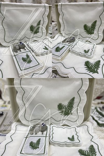 ZGNHome Set de servire american verde palmier brodat 19 piese pentru 6 persoane