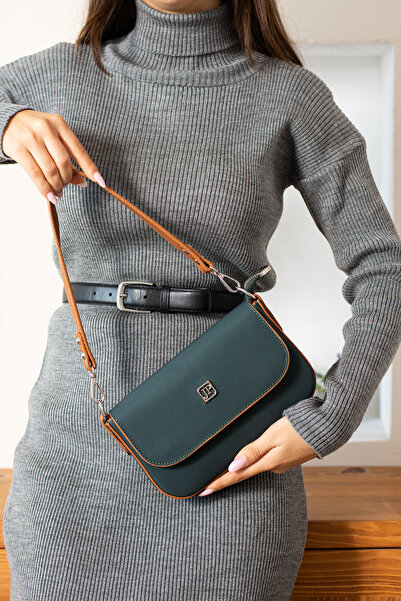 Just Polo Women's Green Tan Lacoste Fabric Flap Adjustable Strap 5 Compartmen...