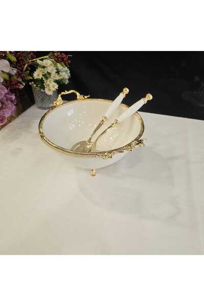 MaviDamla 3 PARÇA DÖKÜM METAL KENAR ÇERCEVELİ AYAKLI PORSELEN SALATA KASE SETİ