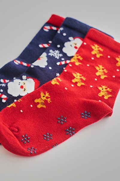 Katia&Bony Çocuk Çorap 3 lü Paket Kutulu Noel Desenli Soket Çorap Lacivert/Kırmızı