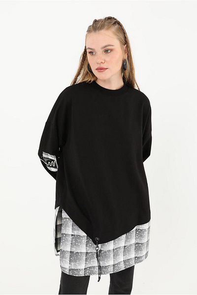 Moda Rosa 25K4429 - Black - Plaid Detailed Sweat