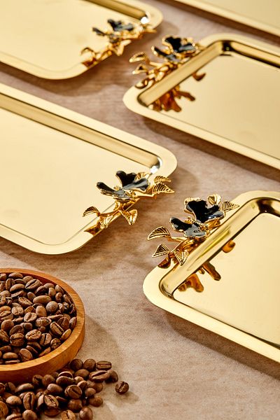 Milenay Elegante Gold Series, Duo Luna Nera Handle Patterned Gold Presentation Promise Engagement Tray, 22X16Cm, 6 Pieces