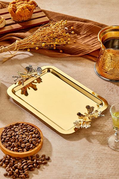 Milenay Elegante Gold Series, Duo Volo Prezioso Handle Patterned Gold Presentation Promise Engagement Tray, 22X16Cm, Single Piece