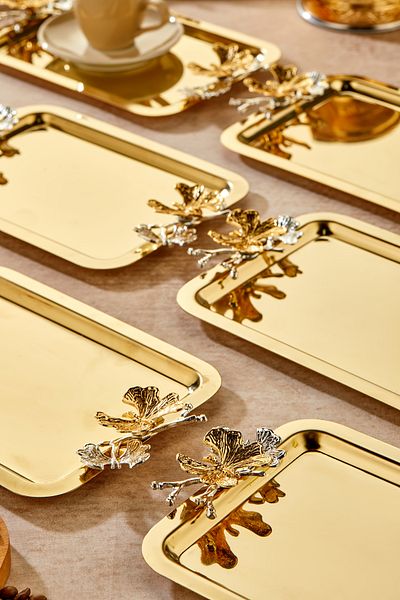 Milenay Elegante Gold Series, Duo Volo Prezioso Handle Patterned Gold Presentation Promise Engagement Tray, 22X16Cm, 6 Pieces