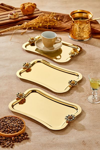 Milenay Elegante Gold Series, Duo Fiore Nero Handle Patterned Gold Presentation Promise Engagement Tray, 25X15Cm, 3 Pieces
