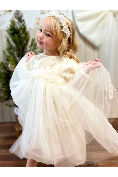 Baby Berry Baby store Baby Girl's Bow and Back Detailed Balloon Sleeve Tutu Tulle Special Occasion Dress Cream