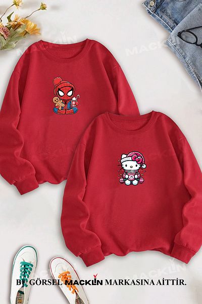 macklin Spiderman Hello Kitty Christmas Printed 2-Piece Set - Dear Crew Neck Sweatshirt Set