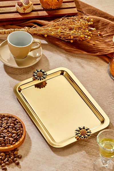 Milenay Gold Series - Duo Fiore Nero Handle Patterned, 22X16Cm Presentation Promise Engagement Tray