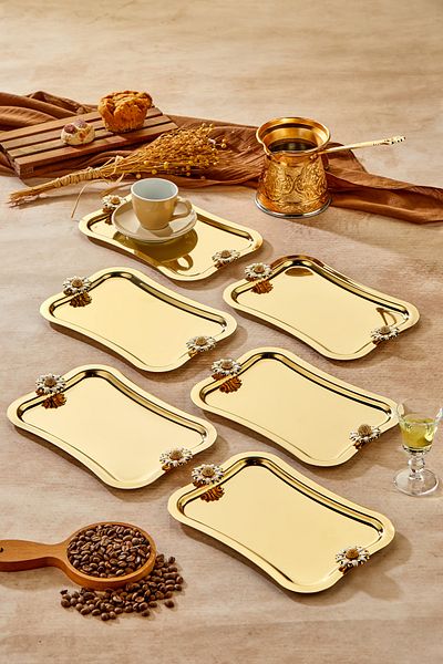 Milenay Elegante Gold Series, Duo Bella Flora Handle Patterned Gold Presentation Promise Engagement Tray, 25X15Cm, 6 Pieces