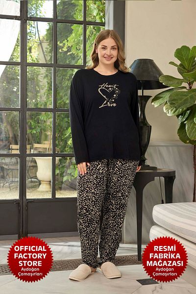 Aydoğan Set pijamale negru din viscoză mărime mare - decolteu, mâneci lungi B12-4 - 240661   - Aydogan ®