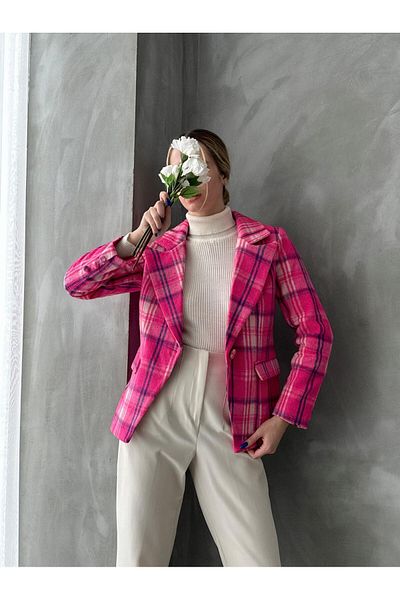 diaves Jachetă de damă cu model linie roz, cu un singur nasture, cu cusut dublu