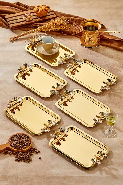 Milenay Elegante Gold Series, Duo Volo Prezioso Handle Patterned Gold Presentation Promise Engagement Tray, 22X16Cm, 6 Pieces