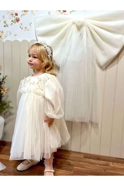 Baby Berry Baby store Baby Girl's Bow and Back Detailed Balloon Sleeve Tutu Tulle Special Occasion Dress Cream