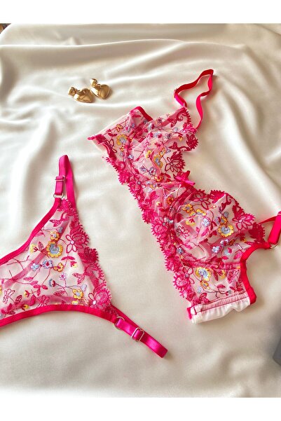 Mia Pembe Sarı Çiçekli Dantelli Balenli Bralet Takım-(SÜTYEN&TANGA) -İç Çamaş...