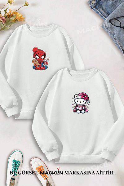 macklin Spiderman Hello Kitty Christmas Printed 2-Piece Set - Dear Crew Neck Sweatshirt Set