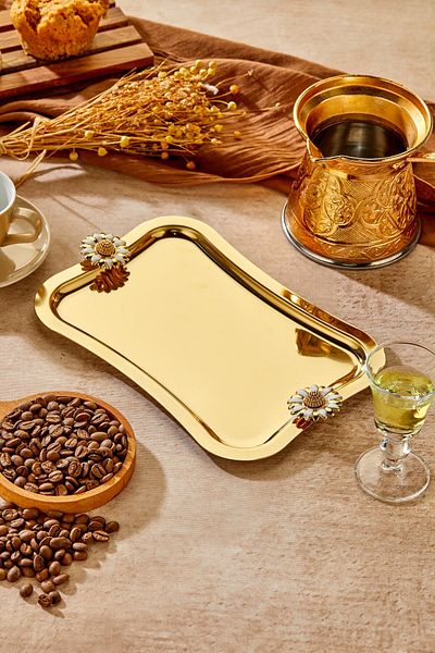 Milenay Elegante Gold Series, Duo Bella Flora Handle Patterned Gold Presentation Promise Engagement Tray, 25X15Cm, Single Piece