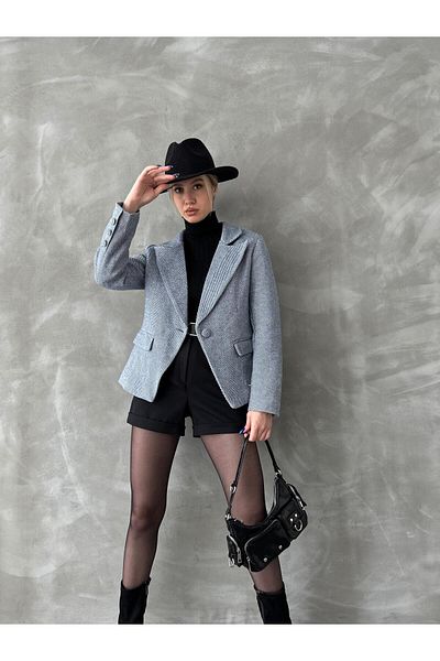 diaves Women's Gray Line Pattern Single Button Double Breasted Stamp Jacket