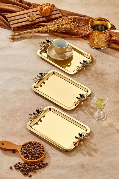 Milenay Elegante Gold Series, Duo Luna Nera Handle Patterned Gold Presentation Promise Engagement Tray, 22X16Cm, 3 Pieces