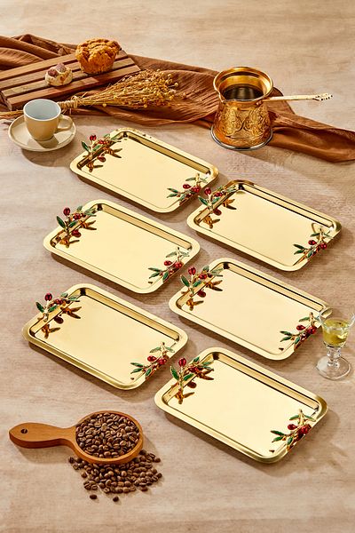 Milenay Elegante Gold Series, Duo Bacche Rosso Handle Patterned Gold Presentation Promise Engagement Tray, 22X16Cm, 6 Pieces