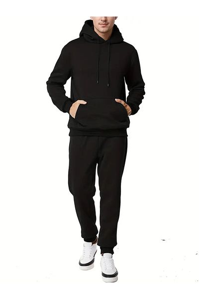 MODA Ανδρικό αθλητικό κοστούμι με κουκούλα 100% βαμβάκι - μακρυμάνικο, μονόχρωμο, ελαστικό πλεκτό ύφασμα, φθινόπωρο/χειμώνας
