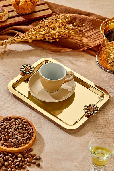 Milenay Gold Series - Duo Fiore Nero Handle Patterned, 22X16Cm Presentation Promise Engagement Tray