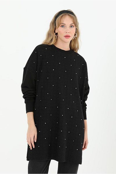 Moda Rosa 25K4427 - Black - Stone Knitted Detail Tunic