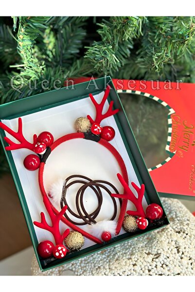 QUEEN AKSESUAR Set de Crăciun de lux, în cutie cadou, coroană, cataramă din cauciuc, pompon, ciupercă cu urechi de cerb, coroană de lux
