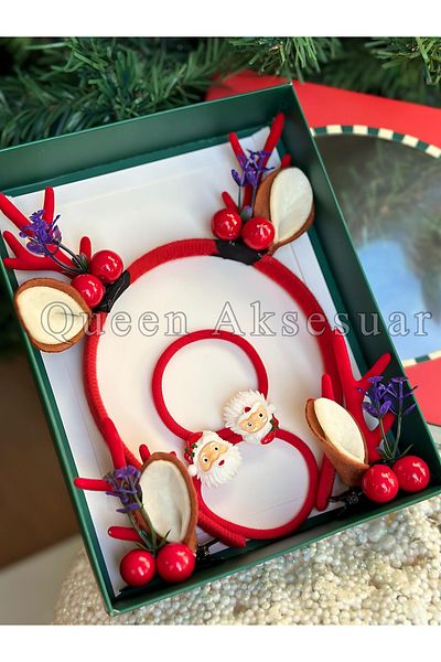 QUEEN AKSESUAR New Year's Set - Gift Boxed, Crown Elastic Buckle, Pompom, Deer, Cockina with Horn Ears, Christmas, Father Decorated Crown