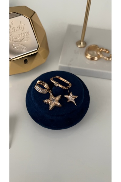 SU PERİSİ TAKI BİJUTERİ Vip Seri Gold Tombul Yıldız Model 3 lü Yıldız Model Küpe