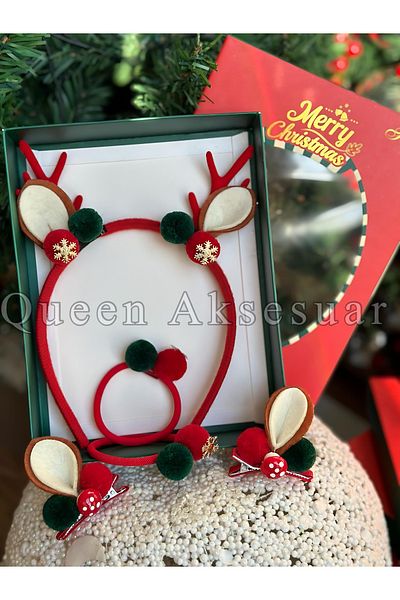 QUEEN AKSESUAR Luxury Gift Boxed Christmas Set Crown Rubber Buckle Pompom with Deer Horns Ears Fancy Crown
