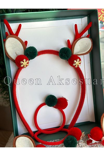 QUEEN AKSESUAR Luxury Gift Boxed Christmas Set Crown Rubber Buckle Pompom with Deer Horns Ears Fancy Crown