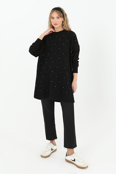 Moda Rosa 25K4427 - Black - Stone Knitted Detail Tunic