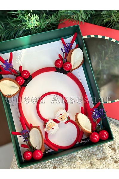 QUEEN AKSESUAR New Year's Set - Gift Boxed, Crown Elastic Buckle, Pompom, Deer, Cockina with Horn Ears, Christmas, Father Decorated Crown