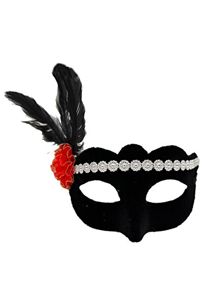 bilshop قناع حفلات مطلي بالجلد السويدي باللون الأسود مع تصميم وردة حمراء فضية...