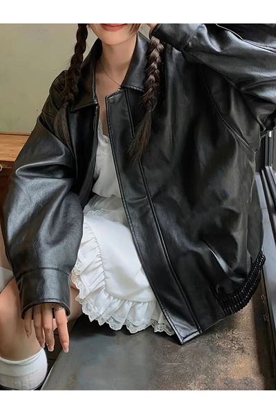 çerme Винтидж дамско черно кожено яке
