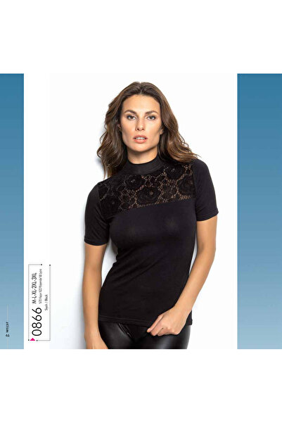 EREN STYLE Тениска с дантелени детайли с половин ръкав-0866